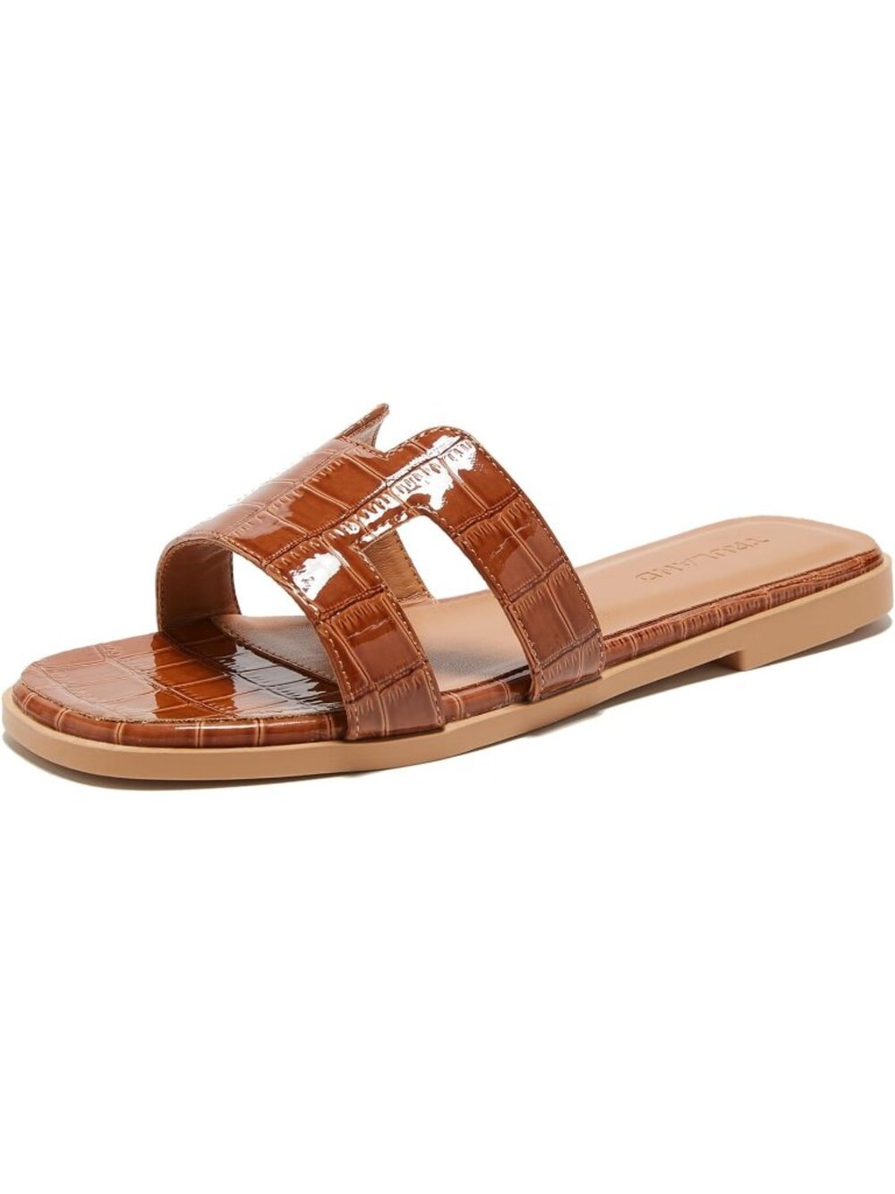Women's Brown Faux Leather Cute Fashion Open Square Toe H Strap Flat Sandals